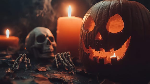 Halloween pumpkin glowing with burning candles and skeleton hands around in a spooky atmosphere