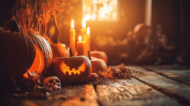 Halloween pumpkins are glowing on a rustic wooden surface with candles in the background