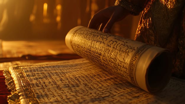 Historian is carefully examining an ancient arabic manuscript scroll by candlelight, with an illuminated manuscript in the background