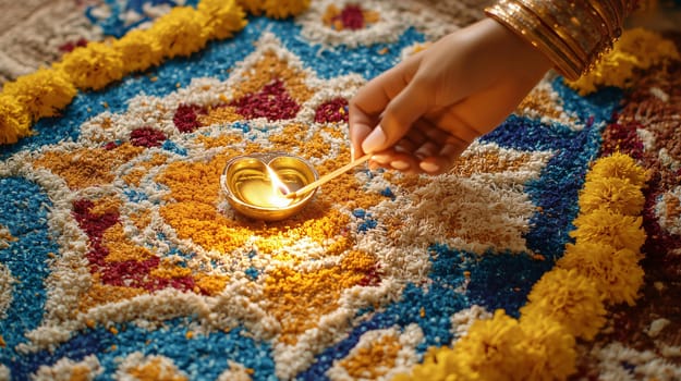 Woman lighting a diya with a matchstick on a beautiful rangoli during diwali festival celebration