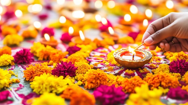 Person is lighting an oil lamp for the diwali festival with colorful marigold flowers surrounding