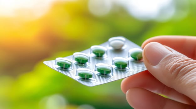 Doctor is holding a blister pack of green pills outside with a green background