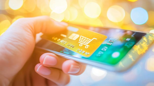 Woman is holding credit card over smartphone with shopping cart symbol on bokeh background