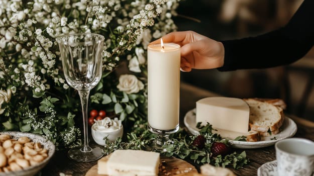 Hand lighting a candle on a rustic dinner table with cheese, bread, flowers and candles