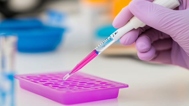 Scientist wearing purple gloves is using a pipette to transfer a sample to a multiwell plate in a laboratory setting