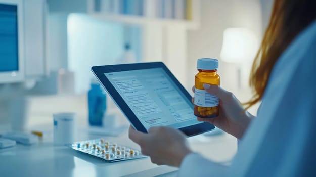 Medical doctor using tablet computer while holding container with pills in hospital office