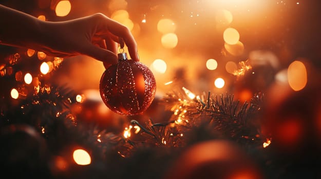 Hand is placing a red christmas ornament on a christmas tree decorated with string lights