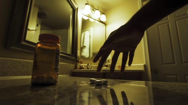 Hand is reaching for a spilled bottle of prescription pills on a bathroom counter