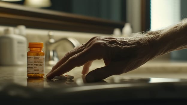 Senior man reaching for prescription medication on a bathroom sink, highlighting the challenges of aging and healthcare