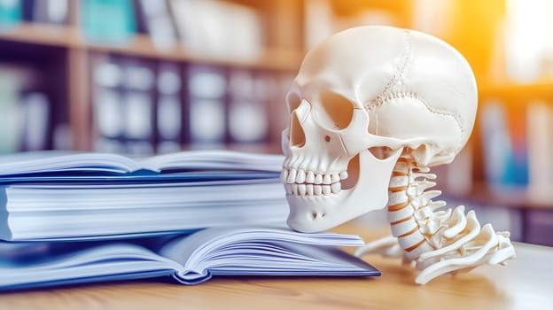 Human skull model sitting on a desk in a library with an open book and stack of books nearby