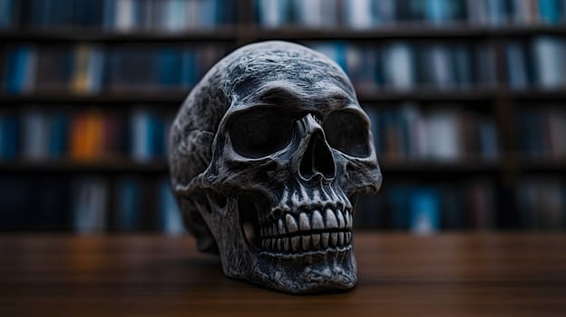 Human skull sits on a desk in a library, surrounded by shelves full of books