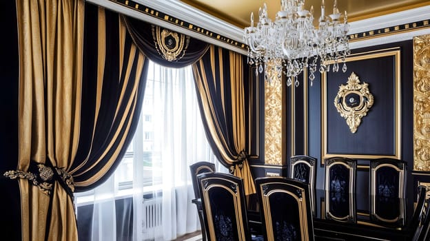 Sophisticated Art Deco dining room exuding opulence with its black and gold color scheme and lavish furnishings