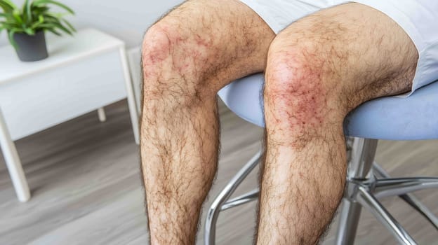 Man is showing a red rash on his knees, possibly a sign of an allergic reaction, while sitting in a medical office