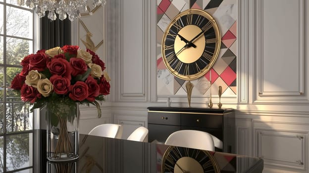 Art Deco dining room table with roses in a modern classically designed home