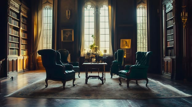 Luxurious Gothic green velvet armchairs surrounding a coffee table in a sunlit traditional library interior design