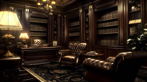 Gothic office with dark wood and leather furniture is bathed in warm light