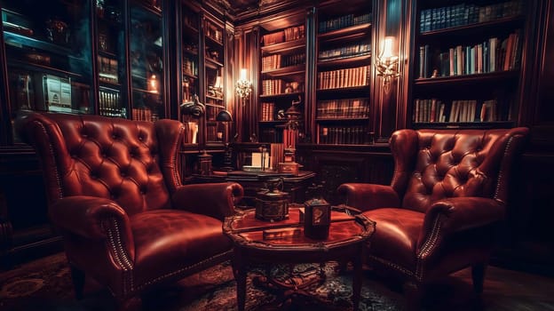 Classic Gothic library with shelves full of books and vintage furniture inviting you to relax with a good book