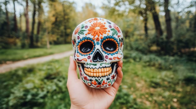 Woman holding a traditional sugar skull decorated with colorful floral patterns, celebrating the day of the dead in a forest