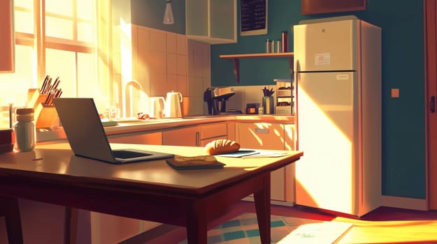 Cozy kitchen bathed in warm sunlight with a laptop on a wooden table
