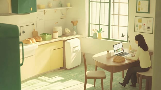 Woman is using a laptop at a table in a sunny kitchen, with bread and vegetables visible on the counter