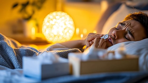 Sick young man is lying in bed at night, measuring his fever with a thermometer