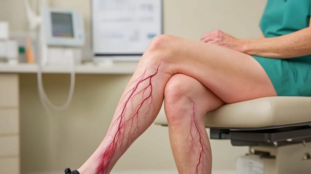 Patient is sitting on an examination table in a doctor's office, showing prominent varicose veins on her legs swollen ankles