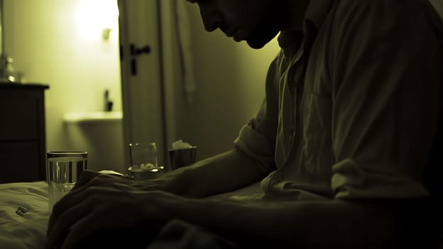 Man sits on the edge of a bed in deep thought with a glass of water and pills nearby, diarrhea concept