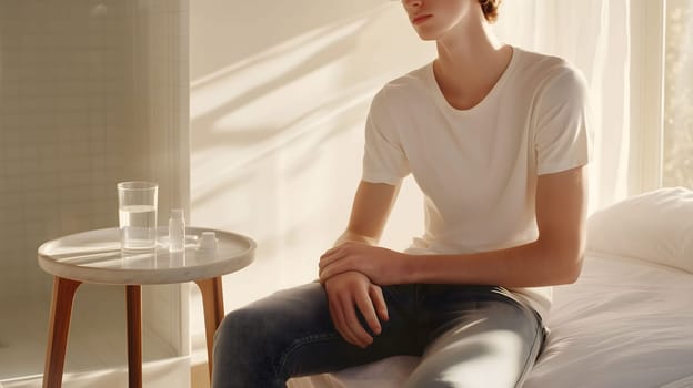 Young man is sitting on the edge of a bed, with a glass of water and medication on a table beside him