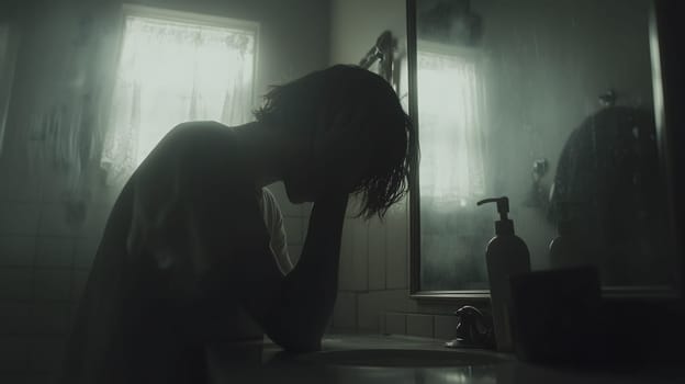 Troubled young man is overwhelmed with sadness, leaning on a bathroom sink, diarrhea issues