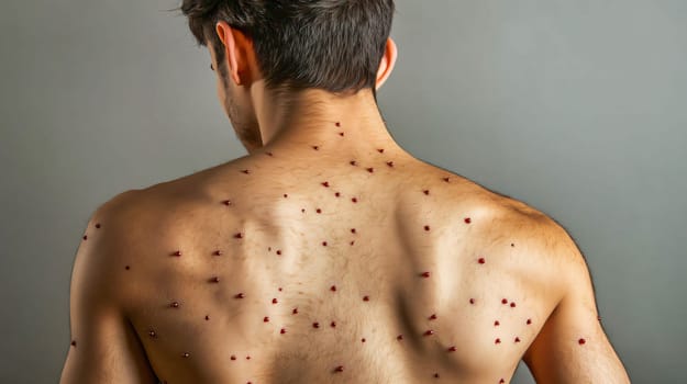 Young man is revealing his back which is covered in red spots, possible symptoms of chickenpox