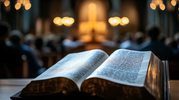 Open bible is lying on wood with a congregation sitting in pews in the background of a church