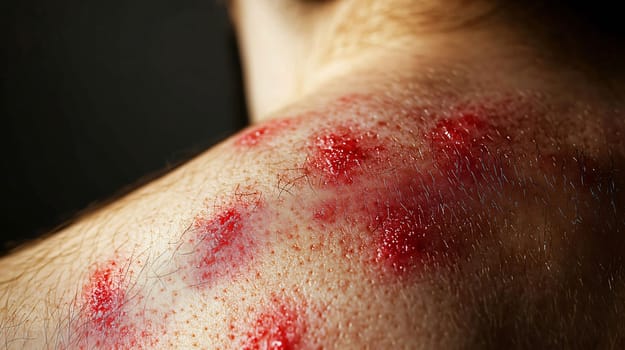 Man is revealing his back, which is covered in scabs and healing wounds