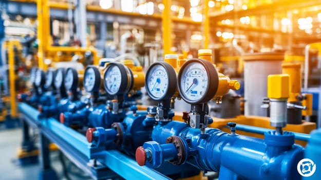 Pressure gauges and valves are measuring performance of a complex industrial system in a refinery plant