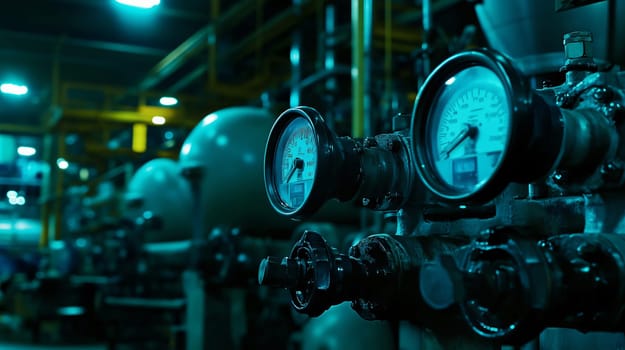 Pressure gauges are showing the pressure in an industrial factory setting