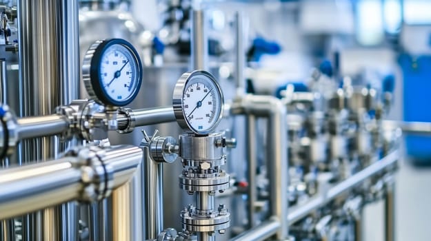 Shiny steel pipes, pressure gauges, and valves are featured in an industrial setting