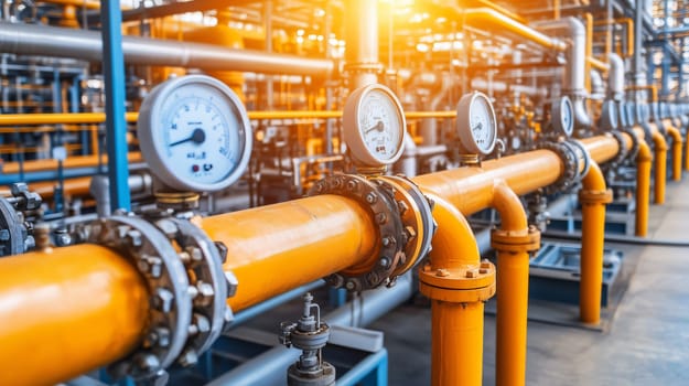 Industrial pipeline system transporting water, gas or oil with pressure gauges measuring pressure and controlling the flow
