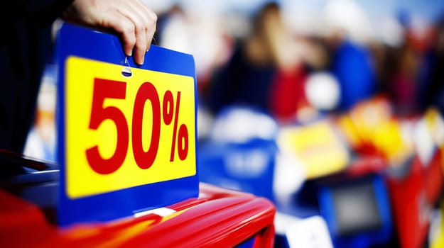 Retail worker is placing a red and yellow fifty percent off sign on a red container