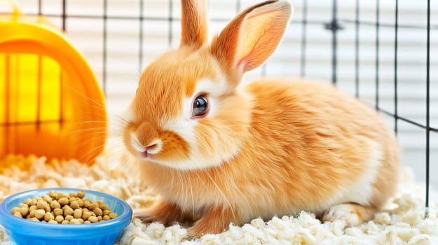 Fluffy red baby bunny is lying down in its cage near its food bowl