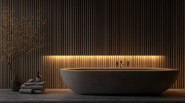Serene and inviting bathroom space featuring a freestanding bathtub, ambient lighting, and a minimalist design