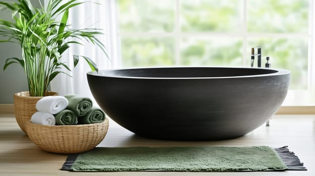 Towels rolled up in wicker baskets are sitting next to a large black bathtub with a green bath mat