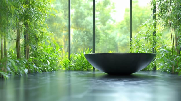 Luxurious bathroom featuring a stone bathtub and surrounded by lush greenery, creating a serene and spa-like atmosphere