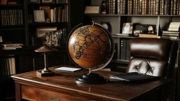 Vintage globe is sitting on a lawyer's desk in a home office, with bookshelves in the background