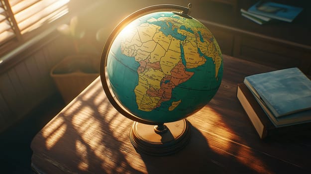 Vintage globe is sitting on a desk in a sunlit room, with books on the side