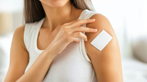 Young woman is applying a nicotine patch on her arm to quit smoking