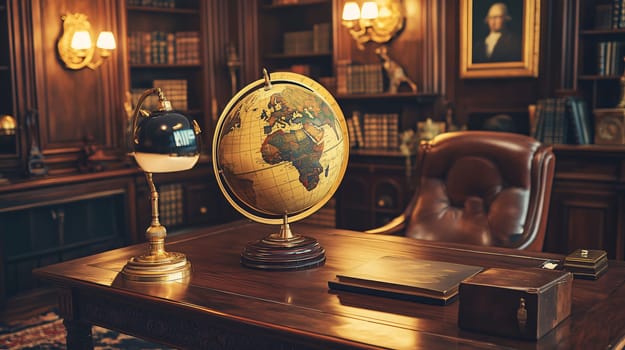 Vintage globe is illuminated by a desk lamp on a beautiful wooden desk in a luxurious home office