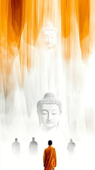 Buddhist monk wearing an orange kasaya walking on a stone surface towards a giant buddha head