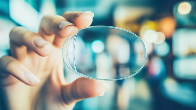 Optician holding an glass lens at an eyeglass store, hormonal devices