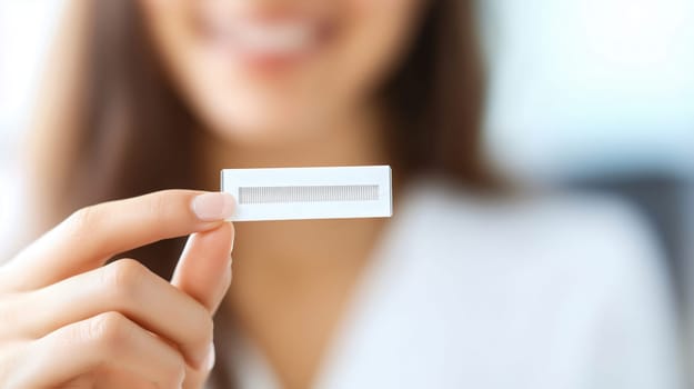 Beautician is holding an hormonal test strip, showing it to the camera, hormonal devices