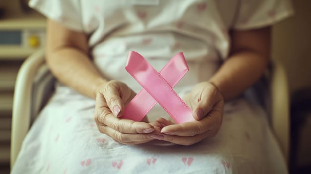 Senior woman holding pink ribbon showing support for breast cancer awareness month