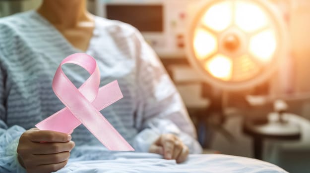 Patient is holding a pink ribbon, a symbol of breast cancer awareness, in a hospital room